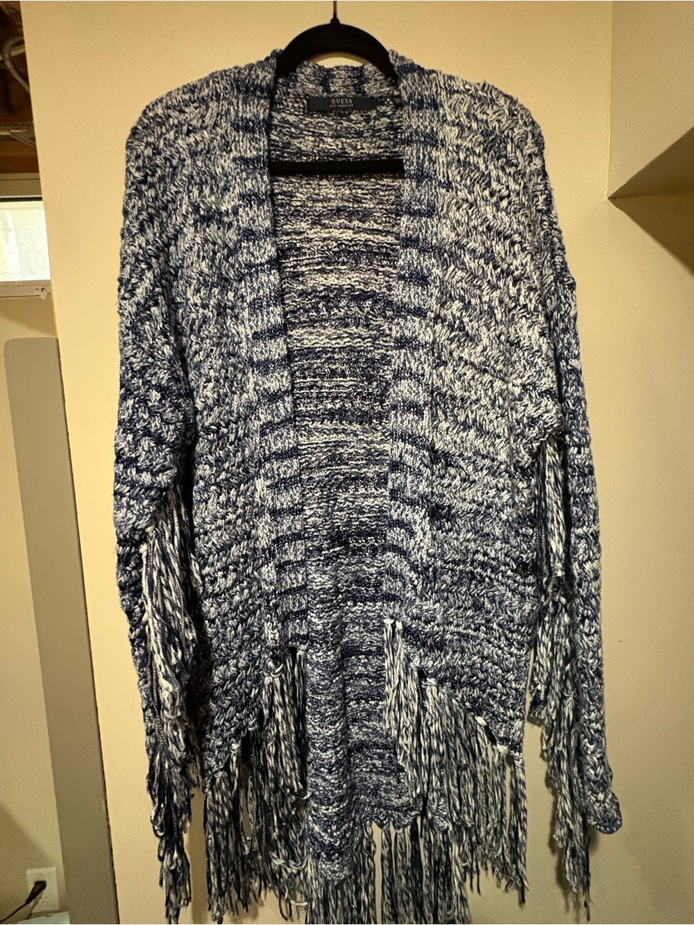 Guess Blue and White Marled Fringe Open-Front Cardigan